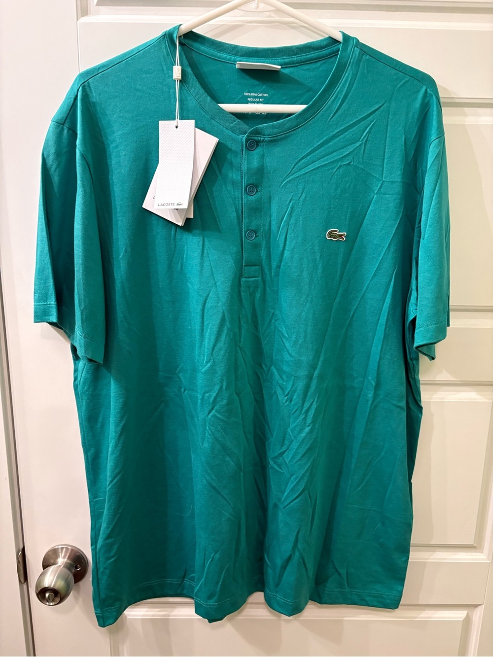 NWT Lacoste Men’s Teal Short-Sleeve Henley with Crocodile Logo